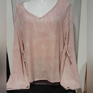 A.N.A. - Pink & White Speckled V-Neck Long Bell Sleeved Blouse, Size Lg